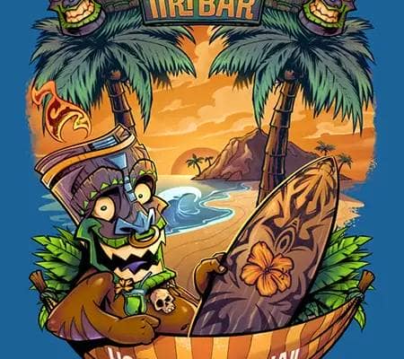 Tiki Man in Beach Hammock holding a surfboard for t-shirt