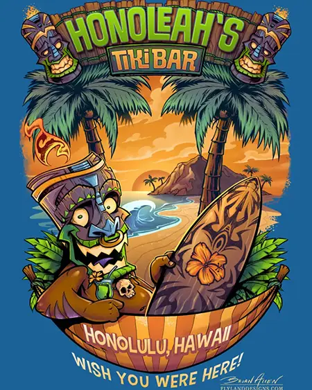 Tiki Man in Beach Hammock holding a surfboard for t-shirt