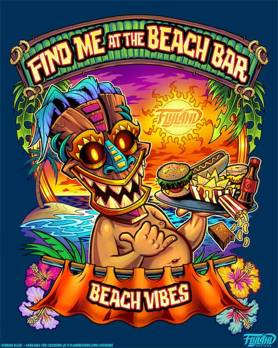 A Tiki man halds a burger and fries on a platter. He is on the beach at sunset. The text reads "A Nibble and a Bite" and "Virginia Beach, VA". Illustration by Brian Allen