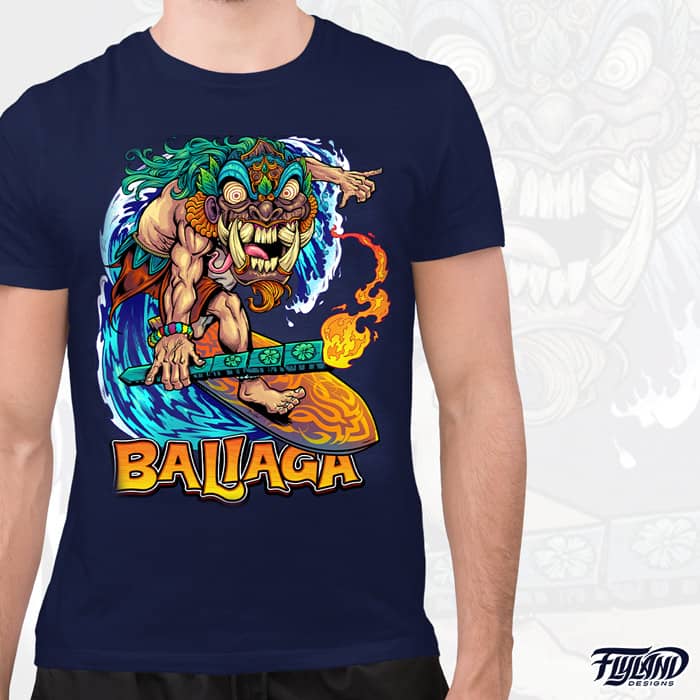 This T-shirt design that I created for Bali Rocks is of a Tiki guy surfing on an orange surf board in the ocean while holding a green torch. The Character is based of “Barong” Bali’s Traditional figure.