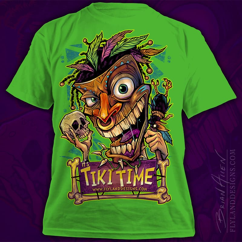 T-Shirt illustration of a tiki man witchdoctor with skull and crow