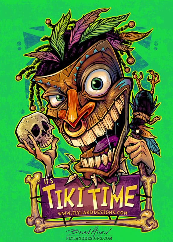 T-Shirt illustration of a tiki man witchdoctor with skull and crow