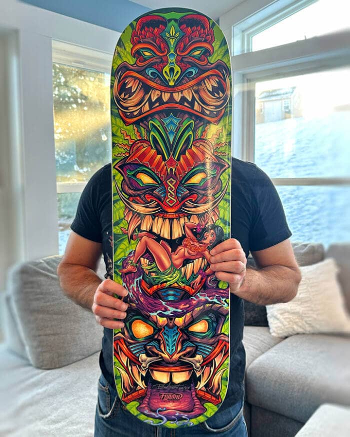 Tiki Totem Skateboard. Artwork by Artist Brian Allen of FlyLandDesigns.comfigure.