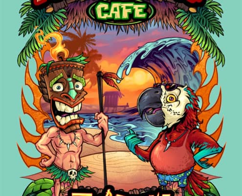 T-Shirt template illustration I created of a Tiki chief and parrot cartoon characters standing on a beach.