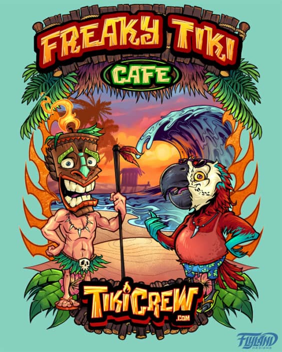 T-Shirt template illustration I created of a Tiki chief and parrot cartoon characters standing on a beach.