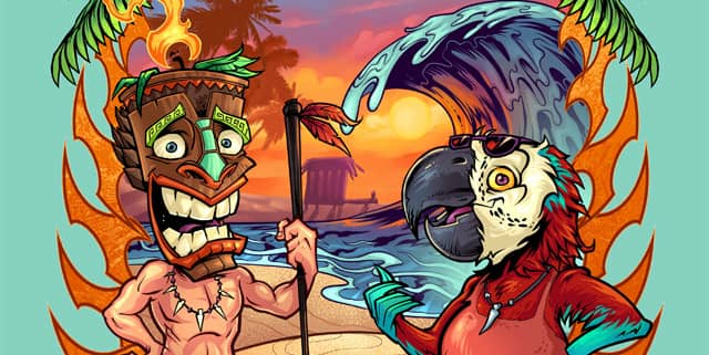 T-Shirt template illustration I created of a Tiki chief and parrot cartoon characters standing on a beach.