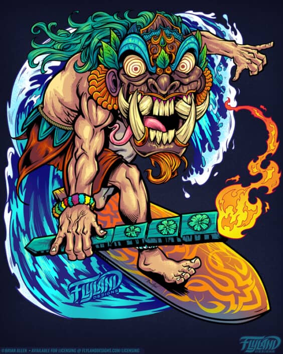 A man wearing a tribal mask and holding a flaming torch rides a surfboard. Illustration by Brian Allen.