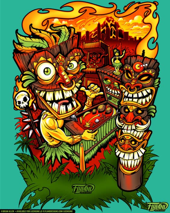 A tiki plays pinball while surrounded by a totem pole and a torch. There is a city and a volcanoe in the background. The text reads "Pinball and Arcade Show 2023". Illustration by Brian Allen.