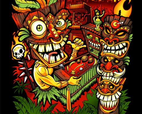 A tiki plays pinball while surrounded by a totem pole and a torch. There is a city and a volcanoe in the background. The text reads "Pinball and Arcade Show 2023". Illustration by Brian Allen.