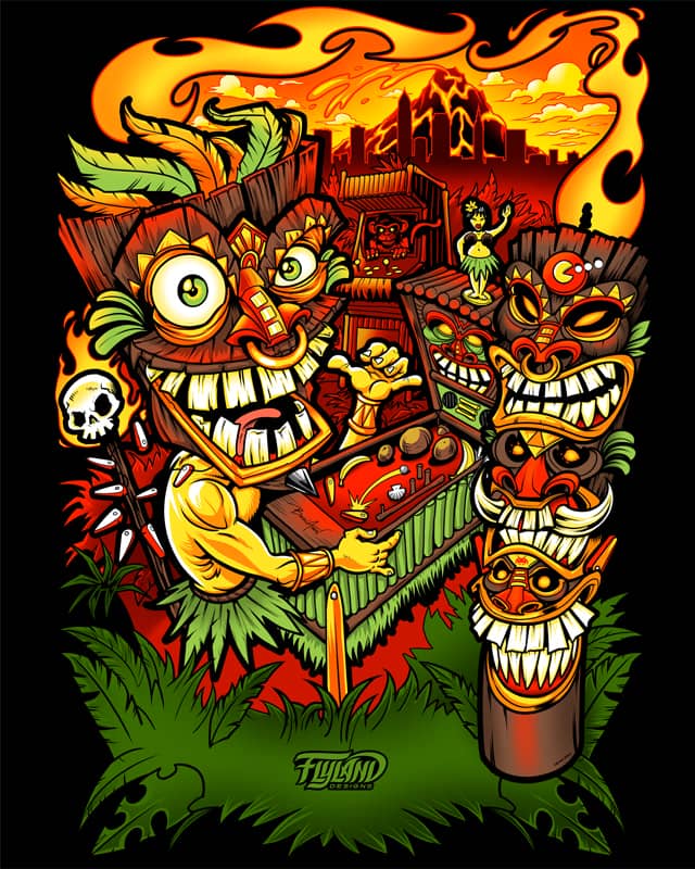 A tiki plays pinball while surrounded by a totem pole and a torch. There is a city and a volcanoe in the background. The text reads "Pinball and Arcade Show 2023". Illustration by Brian Allen.