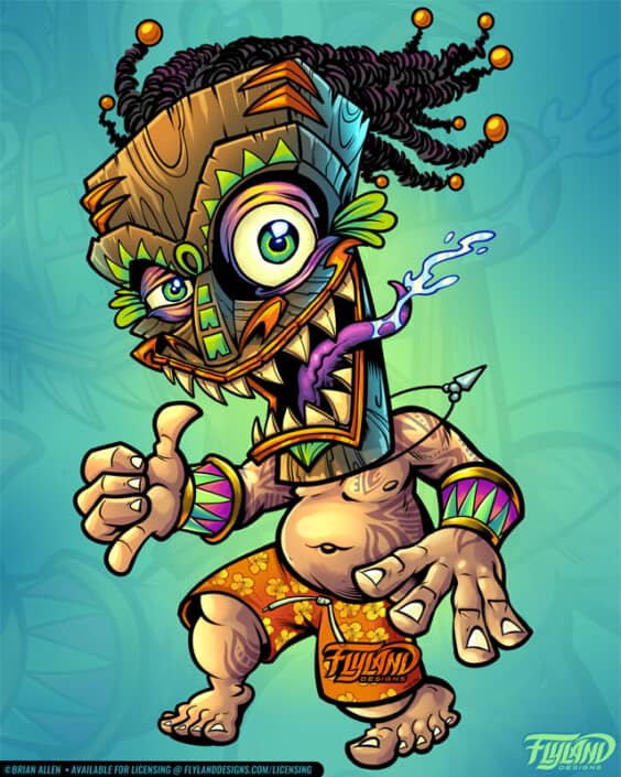 A man wearing a tiki mask rides a skateboard, illustration by Brian Allen