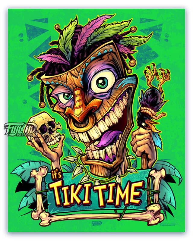 Illustration of tiki head with feathers and dreadlocks, holding a skull and crow.