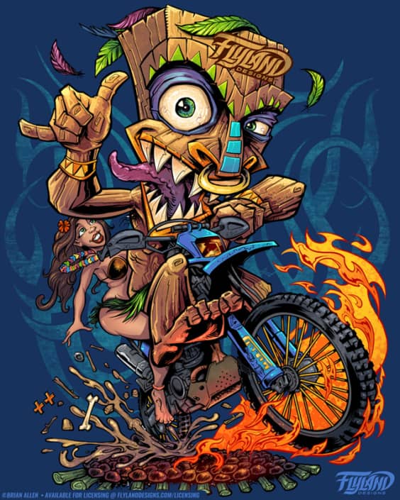 A Tiki and a Hula girl ride a blue motorcyle through a bonfire. Illustration by Brian Allen