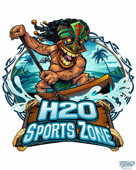 was hired to create this logo for the outdoor sports outfitter, H20 Sports Zone, of a tiki chief riding a paddle board on the ocean.