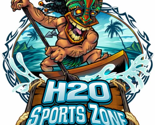 was hired to create this logo for the outdoor sports outfitter, H20 Sports Zone, of a tiki chief riding a paddle board on the ocean.