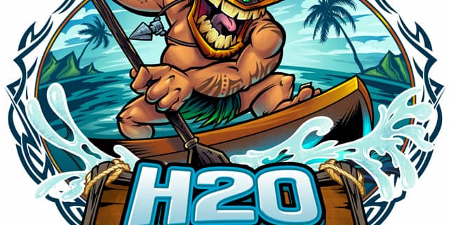 was hired to create this logo for the outdoor sports outfitter, H20 Sports Zone, of a tiki chief riding a paddle board on the ocean.