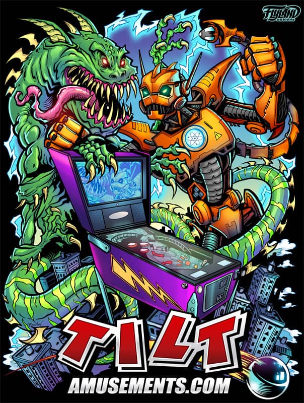 A logo that I designed for Tilt Amusements of an orange Robot fighting a green lizard monster with a pinball machine separating the two. 