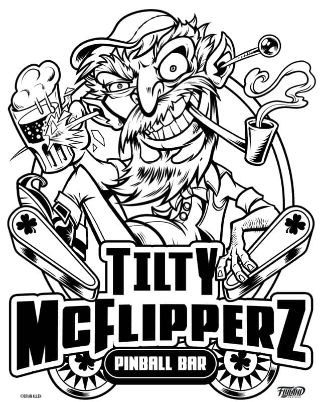 a logo created for Tilty McFlipperz of an Irishman smoking a pipe and holding a beer while relaxing on the flipper part of a pinball machine 