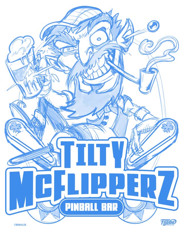 a logo created for Tilty McFlipperz of an Irishman smoking a pipe and holding a beer while relaxing on the flipper part of a pinball machine 