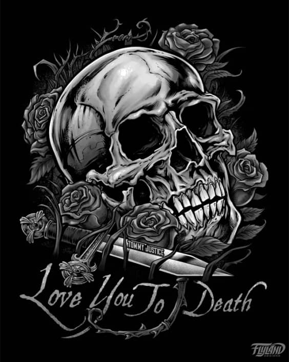 Tommy Justice hired me to create this limited color skull and roses t-shirt design for his special-lady fans.

He’s got a great retro 80s hair-metal vibe that I tried to inject a little into the design.