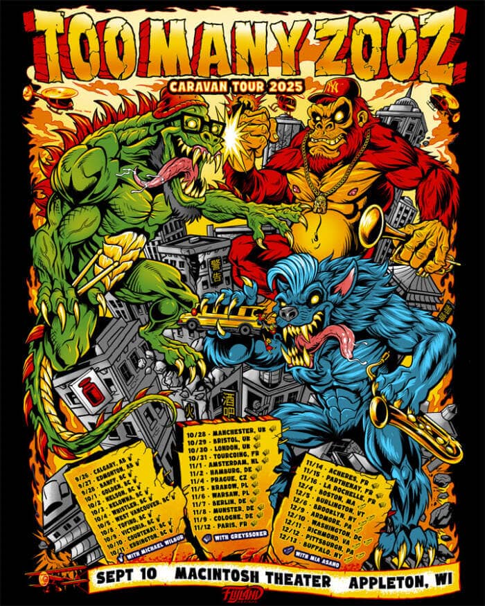 Parody illustration of the Rampage arcade game for the band Too Many Zooz showing a lizard, gorilla, and werewolf attacking a city artwork by Brian Allen