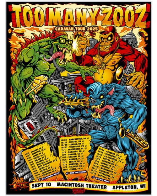 Parody illustration of the Rampage arcade game for the band Too Many Zooz showing a lizard, gorilla, and werewolf attacking a city artwork by Brian Allen