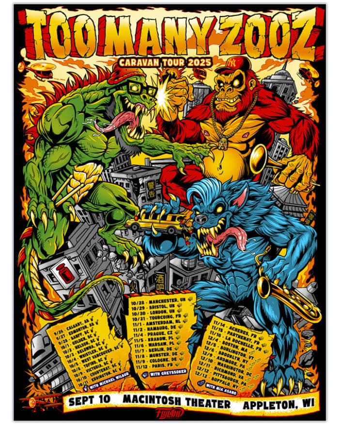Parody illustration of the Rampage arcade game for the band Too Many Zooz showing a lizard, gorilla, and werewolf attacking a city artwork by Brian Allen