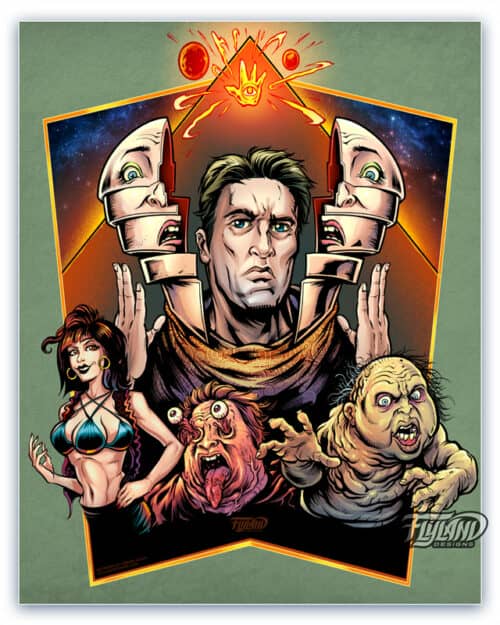 A full color illustration of key scenes and characters from Total Recall.