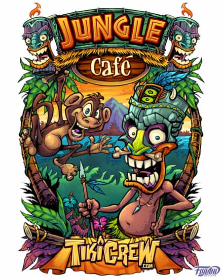 Cartoon jungle illustration of a monkey and tiki man illustrated for a DTG t-shirt template available for licensing.