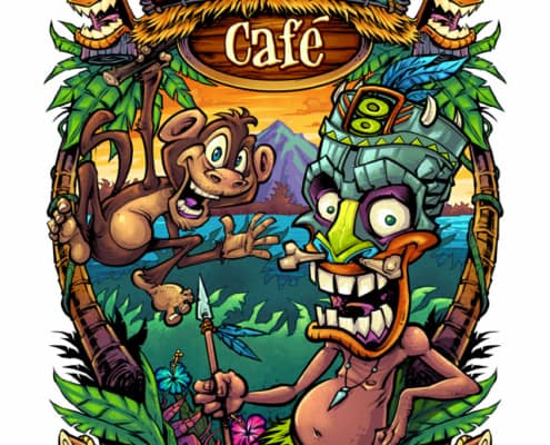 Cartoon jungle illustration of a monkey and tiki man illustrated for a DTG t-shirt template available for licensing.