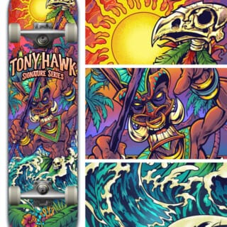 Tiki skateboard design drawn for Tony Hawk skateboards