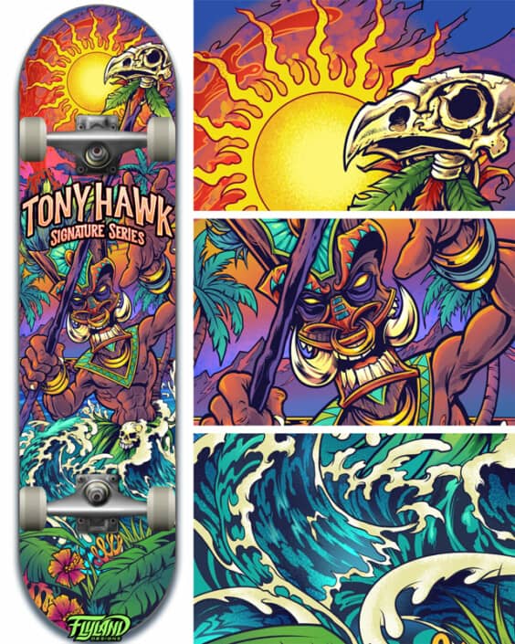 Tiki skateboard design drawn for Tony Hawk skateboards