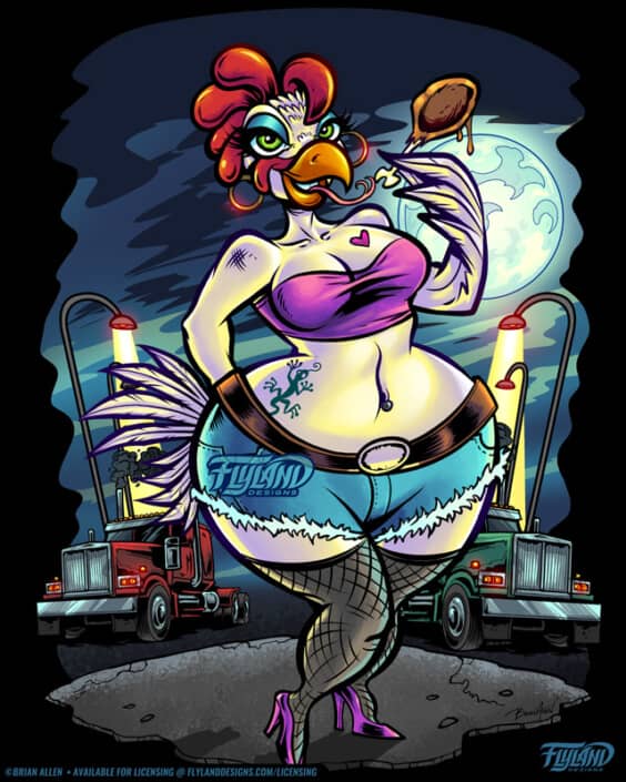 A tatooed chicken girl stands at a truckstop holding a chicken drumstick, illustration by Brian Allen