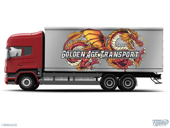 A vehicle wrap for Golden Age Transport featuring a bright red dragon with orange wings.