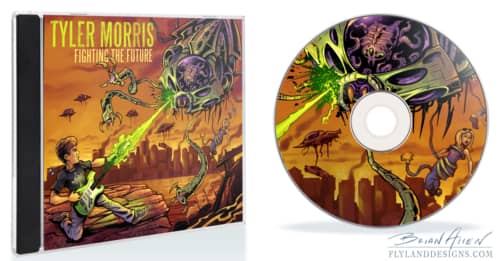 Album cover illustration of a rock guitar player fighting an alien invasion