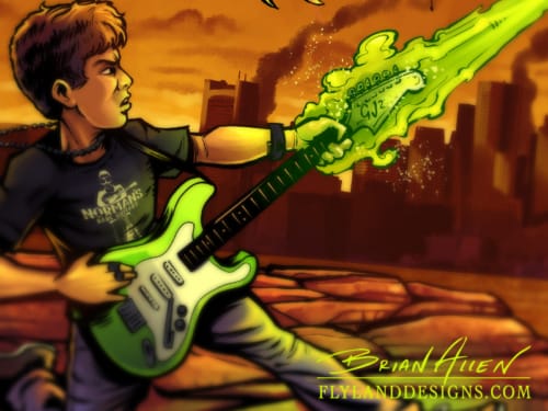 Album cover illustration of a rock guitar player fighting an alien invasion