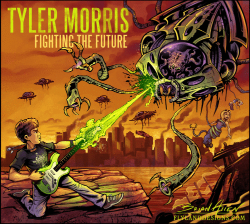 Album cover illustration of a rock guitar player fighting an alien invasion