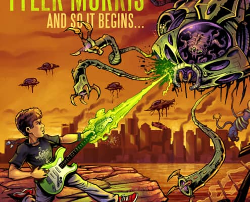 Album cover I illustrated for the young and very talented guitarist Tyler Morris, featuring Tyler fighting off an alien invasion with his rock.