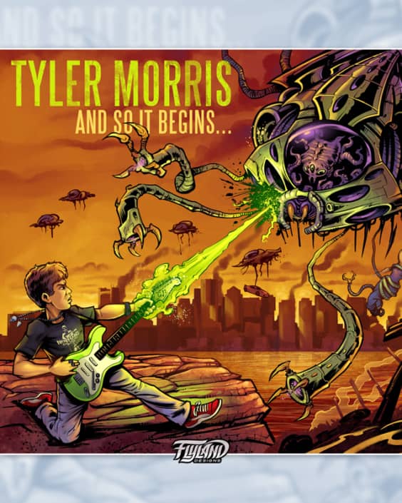 Album cover I illustrated for the young and very talented guitarist Tyler Morris, featuring Tyler fighting off an alien invasion with his rock.