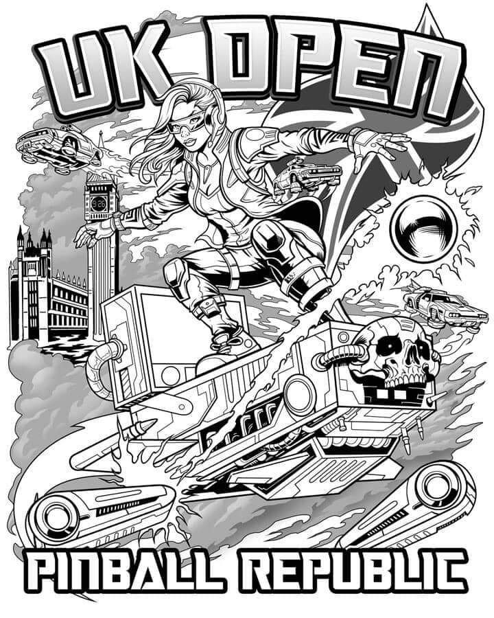 T-Shirt illustration of a cyberpunk girl surfing on a pinball machine above a cyberpunk London with flying cars, created for the UK Open 2025 event.