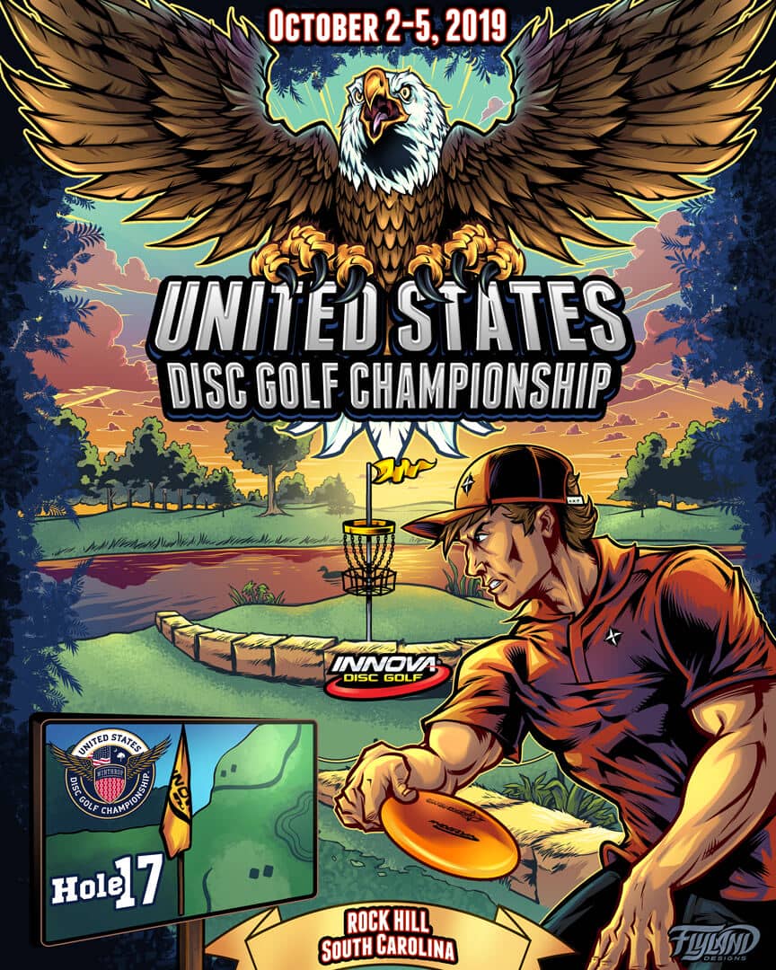 Event poster for the United States Disc Golf Championship featuring a bald eagle with its wings spread. There is a man wearing a red uniform about to throw a disc to a goal.
Text reads "United States Disc Golf Championship"
Artwork by Brian Allen, Flyland Designs