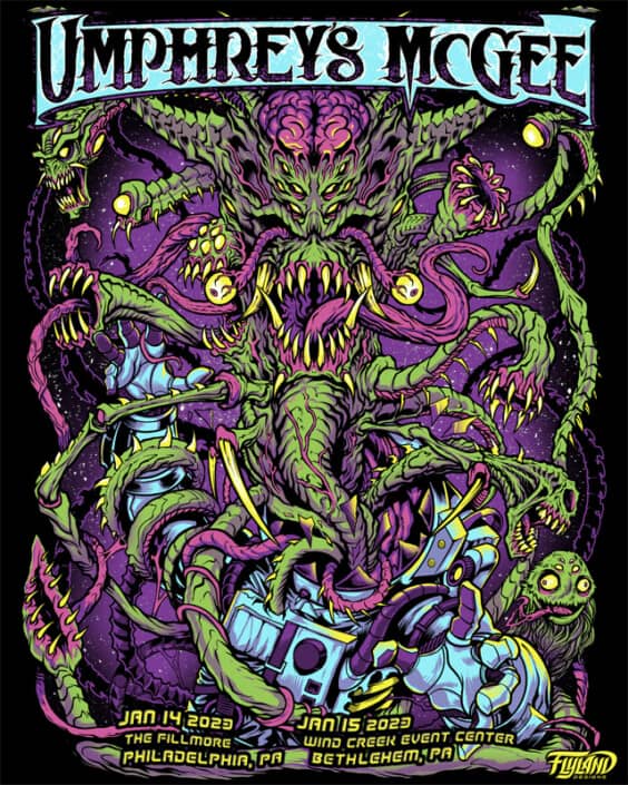 The fantastic jam band Umphrey’s McGee commissioned me to create this super fun silk-screened gig poster for their Philadelphia, Bethlehem Pa tour!