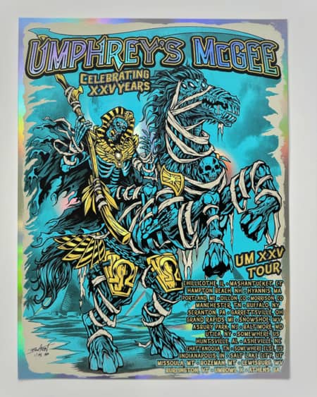 Limited Edition Foil poster for Umphrey's McGee 2023 Summer Tour of a Grim Reaper mummy riding a monster horse