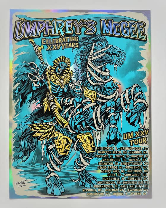 Limited Edition Foil poster for Umphrey's McGee 2023 Summer Tour of a Grim Reaper mummy riding a monster horse