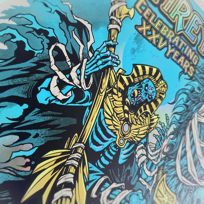 Limited Edition Foil poster for Umphrey's McGee 2023 Summer Tour of a Grim Reaper mummy riding a monster horse