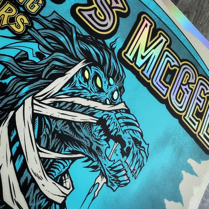 Limited Edition Foil poster for Umphrey's McGee 2023 Summer Tour of a Grim Reaper mummy riding a monster horse