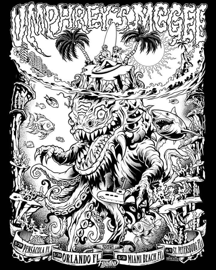Poster design of a sea monster with a island with surfers on it and an underwater scene for the band Umprhrey's McGee's Florida shows in 2025 drawn by Artist Brian Allen