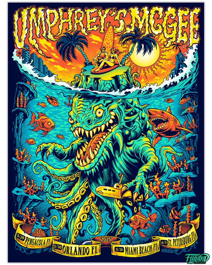 Poster design of a sea monster with a island with surfers on it and an underwater scene for the band Umprhrey's McGee's Florida shows in 2025 drawn by Artist Brian Allen