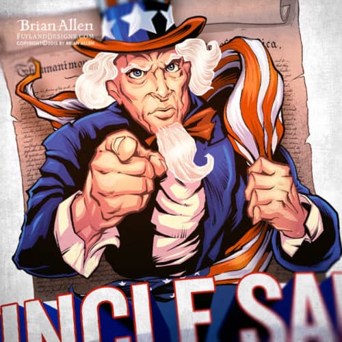 Uncle Sam with a United States flag draped over his shoulder looking tough