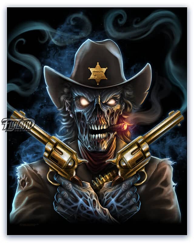 A full color illustration of a zombie cowboy who is holding two pistols.